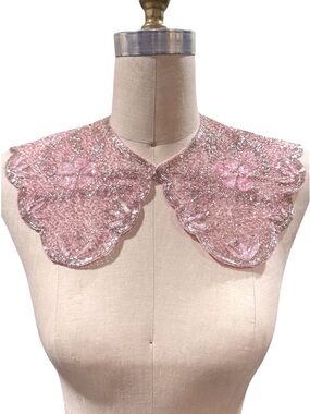 Vintage 1970 Pink Hand Beaded Sequin Detachable Collar Scalloped Evening Collar